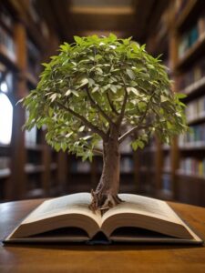 a bonsia tree growing out of a book inside a library